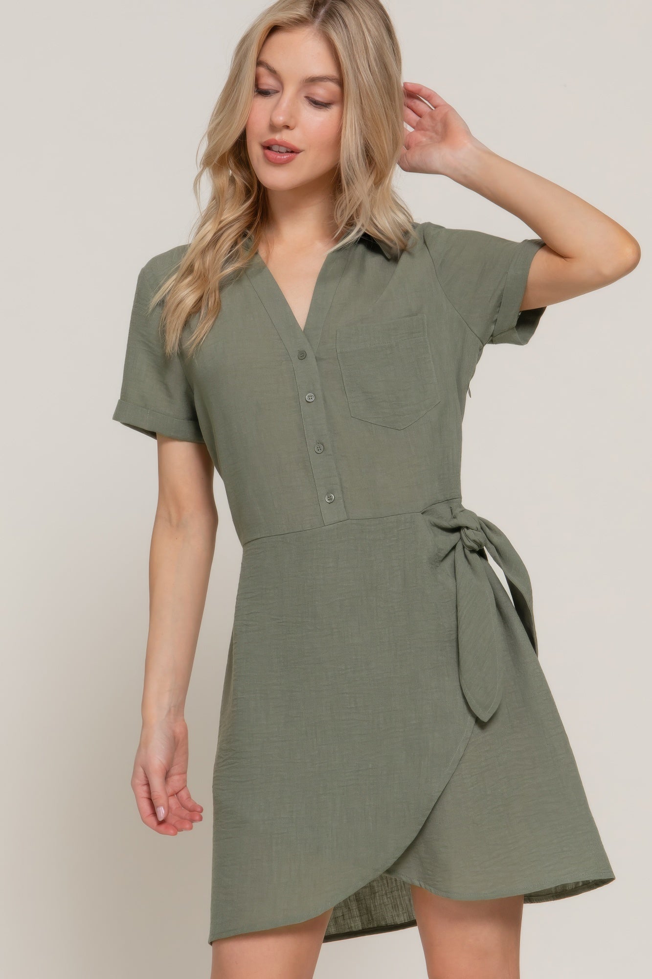 Button Down Side Bow Linen Effect Mini Dress – Bee You™ Made with Love