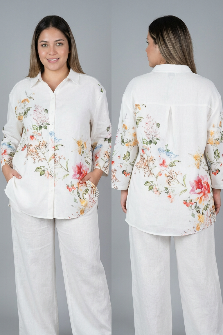 Chic Petal Cascade Linen Long Shirt by Bee You