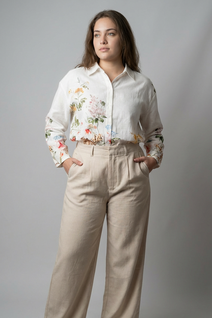 Chic Petal Cascade Linen Long Shirt by Bee You