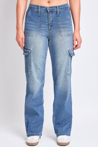 Women's High Rise Elastic Waist Cargo Straight  Jeans