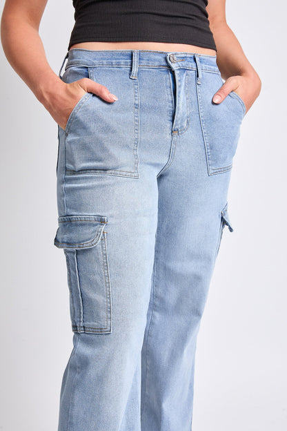 Women's High Rise Elastic Waist Cargo Straight  Jeans